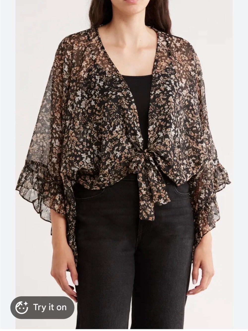 BCBGMaxAzria Black Floral Tie-Front Sheer Top